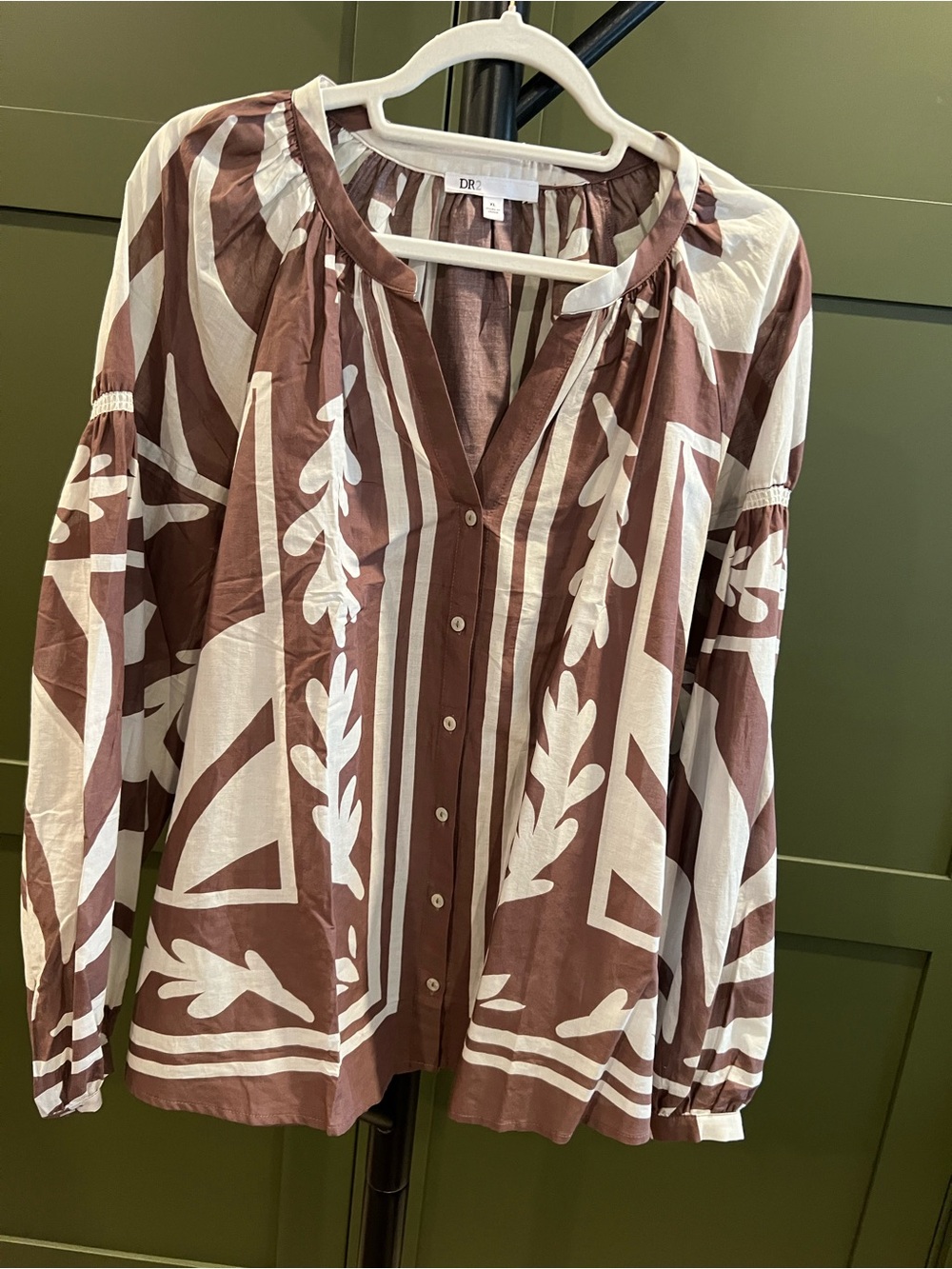 DR2 Brown and White Printed Button-Down Peasant Blouse